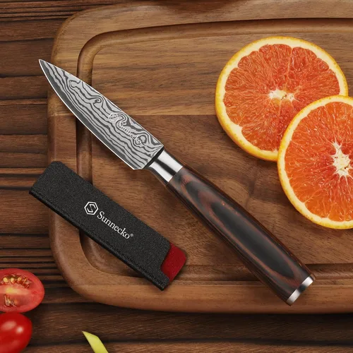 Vista 2 de Sunnecko Cuchillo de Cocina Pequeño de 3.5 Pulgadas, Cuchillo Mondador de Acero Inoxidable de Alto Carbono, Cuchillo de Fruta con Mango de Madera