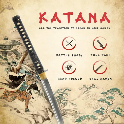 Vista 2 de HMS Katana samurái japonesa y Wakizashi Daisho Combo Set, Warrior and Temple Tsuba, templado térmico forjado a mano, acero al carbono 1045, vaina