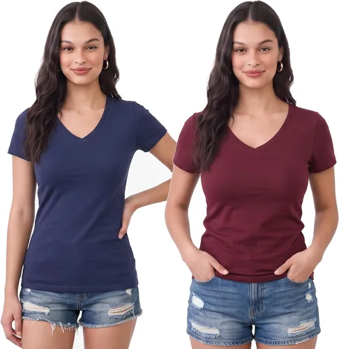 Vista 148 de Emmalise Camiseta de manga corta para mujer, cuello en V, tallas junior y plus