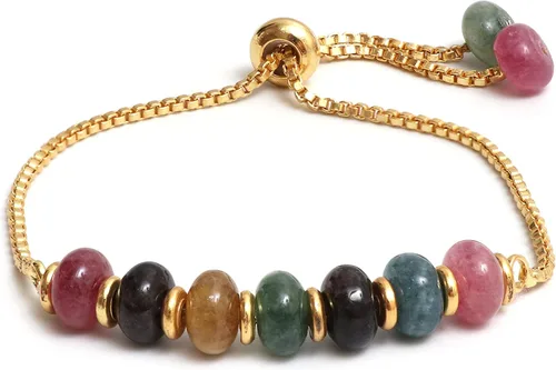 Vista 29 de Gempires - Pulsera de cuentas redondas naturales, chapada en oro amarillo de 14 quilates, joyería hecha a mano, pulseras ajustables para mujer