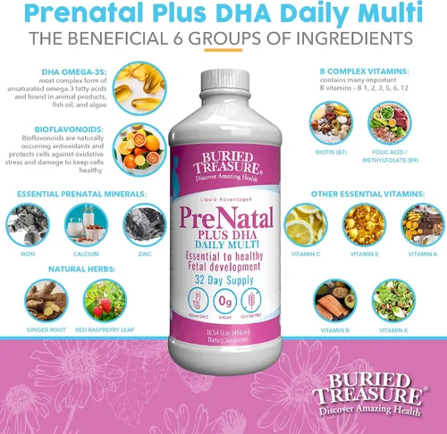 Vista 3 de Buried Treasure Prenatal Plus DHA Complete, 16 onzas, hierro DHA Omega3 natural