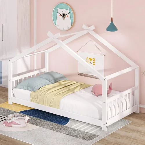 Vista 9 de Merax Camas Montessori de madera para niños con cabecero, marco de cama de suelo para niños y niñas, no necesita somier (individual, espresso)