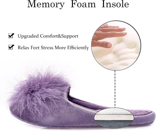 Vista 4 de GRITHEIM Pantuflas de terciopelo con pompones peludas para mujer, pantuflas de casa sexys y acogedoras para mujer, suela antideslizante