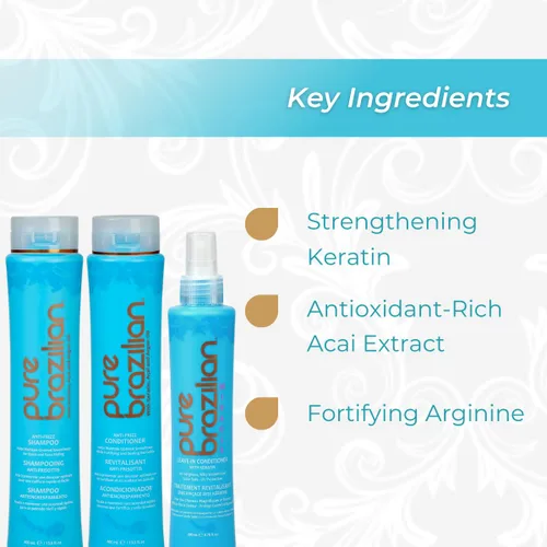 Vista 3 de Pure Brazilian Kit esencial diario de 3 piezas: champú antiencrespamiento, acondicionador y acondicionador milagroso sin enjuague con queratina