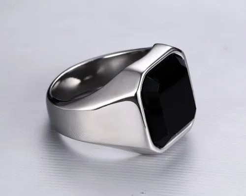 Vista 3 de Anillos de ónix negro para hombre, de acero inoxidable, con diseño de ágata cuadrada para hombres, anillo de pulgar meñique para papá, regalo