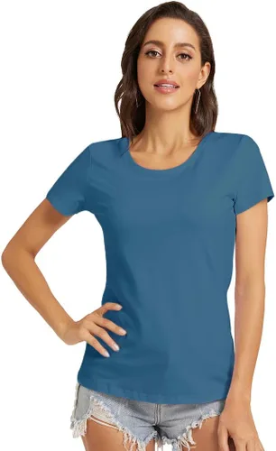 Vista 6 de VIIOO Camiseta básica de media manga con cuello redondo para mujer, casual, color liso, de algodón
