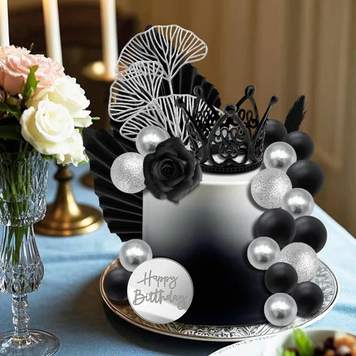Vista 4 de Knana 25 bolas negras plateadas para decoración de tartas, corona de flores