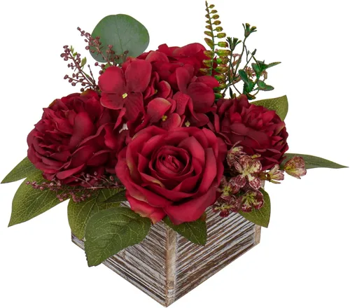 Vista 13 de DILATATA Arreglo floral con jarrón de madera, flores artificiales de 10 pulgadas en maceta, flores falsas en jarrón rectangular de madera blanco