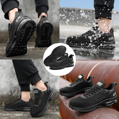Vista 6 de HiHatide - Zapatos con punta de acero para hombre, zapatos de trabajo, zapatos de seguridad, con amortiguación de aire, ligeros, antideslizantes