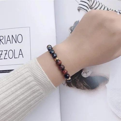 Vista 6 de Xiaofuxian Pulsera de pasión de ojo de tigre rojo natural con obsidiana negra, aumenta la confianza, trae motivación, relación fuerte, pulsera