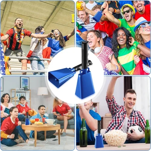 Vista 7 de Paquete de 3 campanas de vaca azules con asas, campana de animación para eventos deportivos, juegos de fútbol, escuela sólida grande, instrumentos