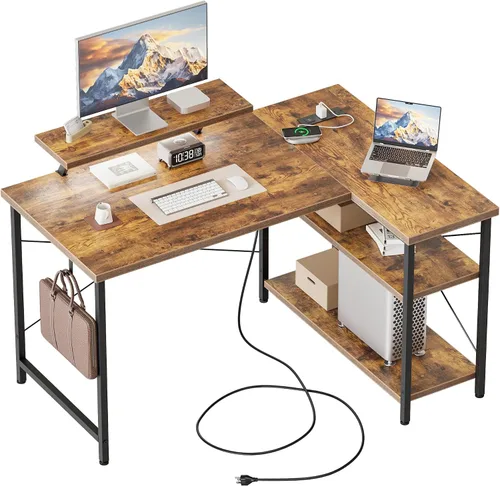 Vista 11 de Mericonia Escritorio pequeño en forma de L para computadora con tomas de corriente, escritorio de juegos para espacios pequeños, escritorio