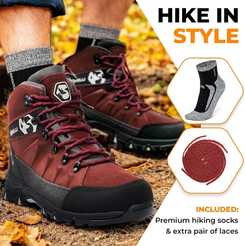 Vista 4 de Foxelli Botas de senderismo para hombre, botas de senderismo impermeables de gamuza para hombre, transpirables, cómodas y ligeras