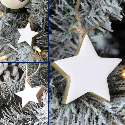 Vista 2 de AuldHome Design Adornos de estrella de granja (paquete de 12, blanco); madera con esmalte blanco de 2 pulgadas, decoración de Navidad de estrella