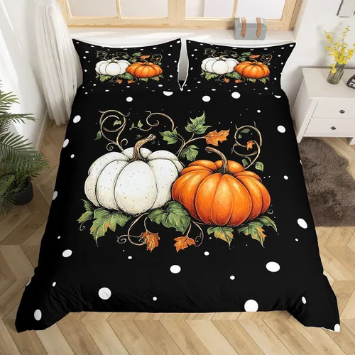 Vista 23 de Erosebridal Juego de funda de edredón individual de pavo de Acción de Gracias, juego de ropa de cama de calabaza y hojas de otoño para niños