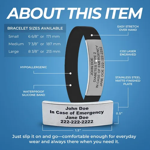 Vista 3 de Medical ID Bracelet Custom Engraved – Emergency Medical Alert Bracelet for Men & Women – Personalized Medical ID Bracelet Waterproof Silicone & Negro