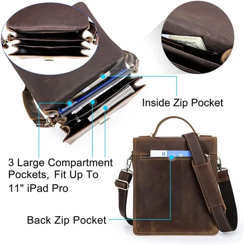 Vista 3 de Contacts Bolso bandolera pequeño de cuero de grano completo para hombres con candado, maletín de viaje, bandolera, Cerradura marrón