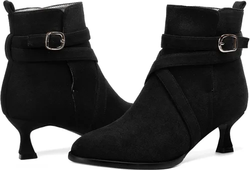 Vista 6 de MODENCOCO Vestido de gamuza para mujer, puntera redonda, correa de tobillo, hebilla de moda, tacón bajo, botas altas hasta el tobillo, 2 pulgadas