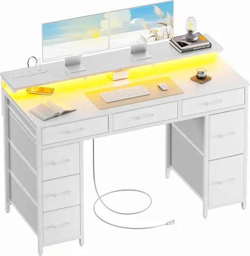 Vista 10 de HLDIRECT Escritorio de computadora de 47 pulgadas con 8 cajones de almacenamiento, escritorio para juegos con luces LED y tomas de corriente USB