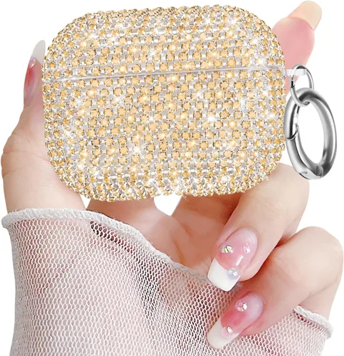 Vista 12 de Newseego Funda para AirPods de 1 y 2 generación, funda de lujo con diamantes de imitación brillantes con llavero para mujeres y niñas, anti-pérdida