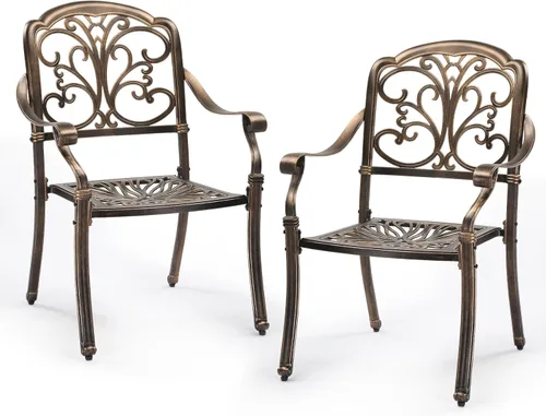 Vista 9 de VINGLI Juego de 2 sillas de patio apilables de aluminio fundido para exteriores con acabado negro vintage y patrón floral, sillones de metal