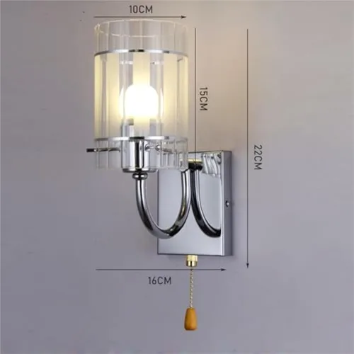 Vista 2 de Aplique de pared LED con interruptor de cadena de cristal transparente, cromado, lámpara cilíndrica moderna de mediados de siglo, lámpara cableada