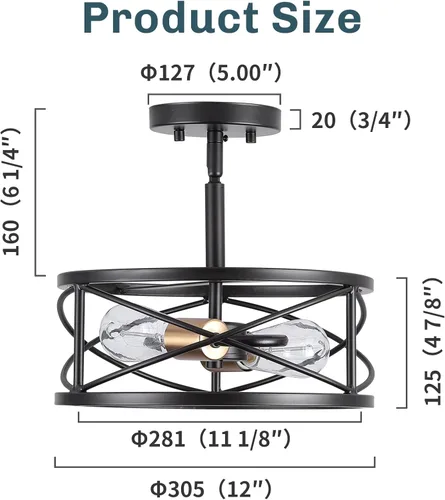 Vista 6 de mavcadonf Lámpara de techo semiempotrada de 2 luces, de 14 pulgadas, industrial y moderna, con jaula de metal, lámpara de techo con acabado