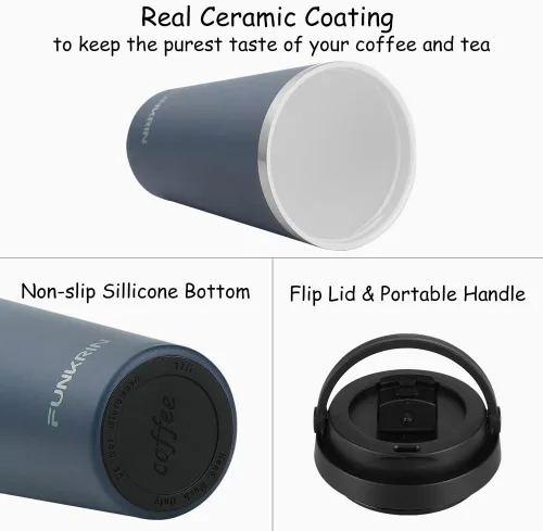 Vista 2 de Funkrin Taza de café aislada con revestimiento de cerámica, taza de café helado de 16 onzas con tapa abatible y asa, taza de viaje a prueba de fugas