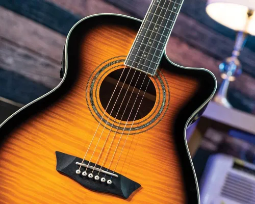 Vista 12 de Washburn Festival EA15 Mini Jumbo Cutaway, guitarra eléctrica acústica, ráfaga de tabaco Parte superior de arce figurada; Mini corte gigante