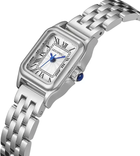 Vista 2 de Relojes pequeños de oro para mujer con funda rectangular vintage, esfera romana clásica, banda de acero inoxidable resistente al agua con cadena