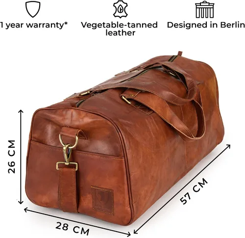 Vista 2 de Berliner Bags Bolsa de lona de cuero vintage Oslo para viajes o el gimnasio, bolsa de noche para hombres y mujeres, Coñac, L