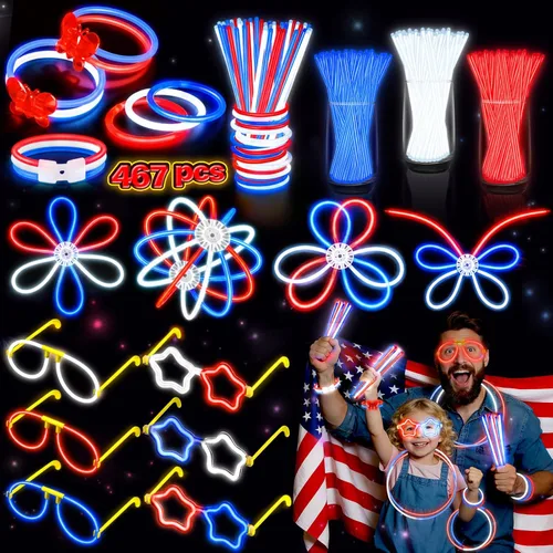 Vista 10 de BUDI 467 piezas de palos brillantes para fiestas para niños y adultos, suministros de fiesta que brillan en la oscuridad, accesorios para el 4