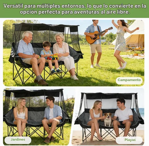 Vista 5 de Silla de campamento de gran tamaño para 3 personas con toldo totalmente acolchada para exteriores, plegable, apta para acampar al aire libre, césped