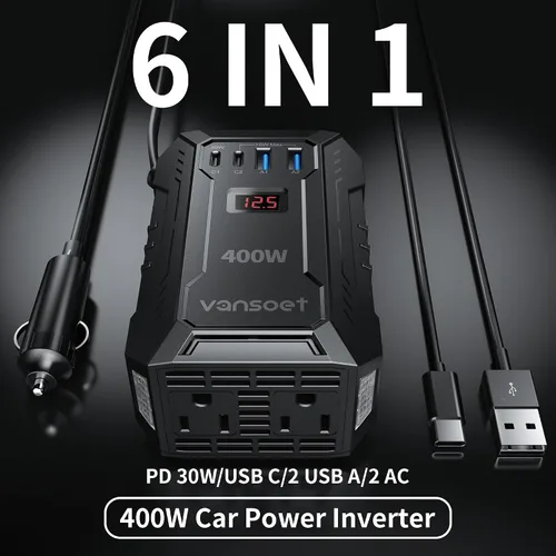 Vista 2 de Inversor de corriente para automóvil de 400 W CC 12 V a 110 V AC con PD 30 W/15 W USB C+2 puertos USB A y 2 salidas de CA, adaptador de enchufe
