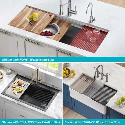 Vista 8 de Kraus Multiusos Escurreplatos Enrollable para Fregadero con Colador y Esterilla en Aqua, KRM-11AQ