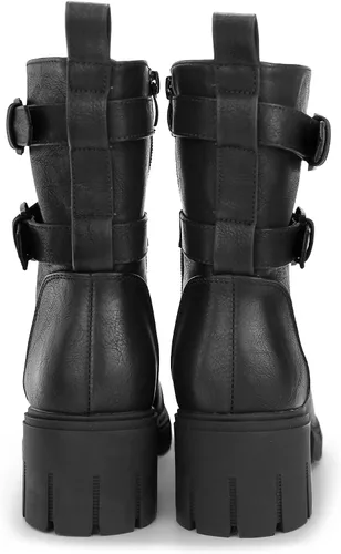 Vista 4 de Tobfis Botas de combate para mujer con hebilla lateral y tacón grueso, Negro, 0