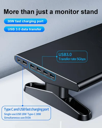 Vista 2 de Soporte elevador para monitor de computadora para escritorio con carga de concentrador USB, estación de acoplamiento USB C de 30 W/5 Gbps