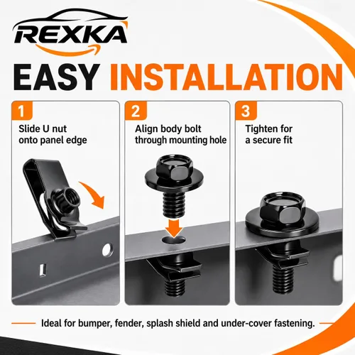 Vista 5 de Rexka 10 juegos de tuercas en U extruidas M6-1.0 y tornillos SEMS de cabeza hexagonal para GM Ford Chevy ChryslerJeep Dodge – multiusos – Protector