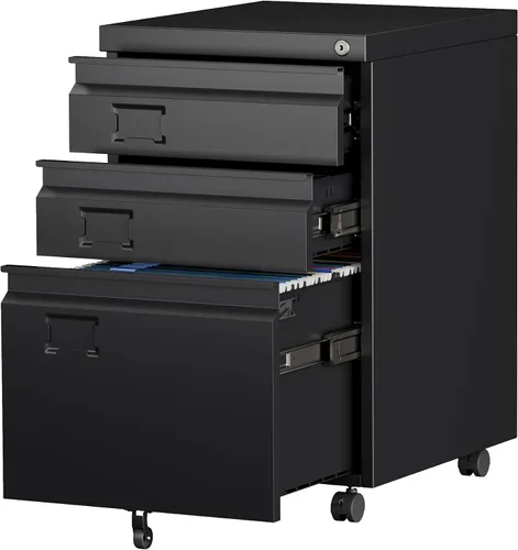 Vista 10 de SUXXAN Archivador de 3 cajones, archivador lateral con 3 cerraduras para oficina en casa, archivadores negros con soporte para tarjetas de visita