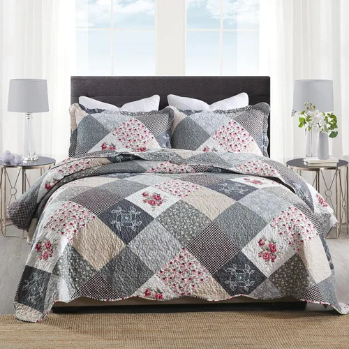 Vista 16 de Juego de cama de dos piezas, tamaño individual, de microfibra, reversible, de retazos, estilo floral, todas las estaciones, patrón de porcelana azul