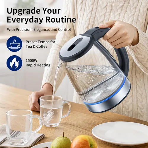 Vista 4 de Hervidor eléctrico de vidrio de 2 L, 1500 W, hervidor de agua caliente de ebullición rápida con apagado automático, luz LED, sin BPA, vidrio