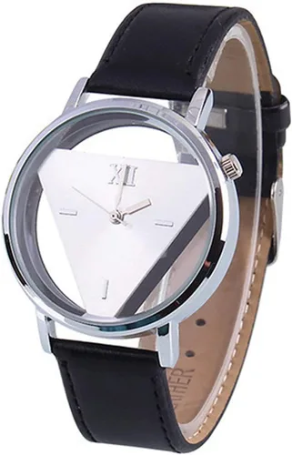 Vista 4 de Reloj de pulsera de cuarzo analógico de cuero sintético con esfera triangular hueco de cristal con encanto unisex