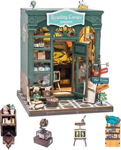 Vista 19 de Kit de rincón de libros, casa en miniatura con luces LED, rompecabezas de madera 3D para adultos, kit de construcción de mini casa de muñecas