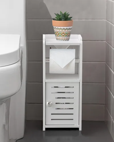 Vista 7 de AOJEZOR Soporte para papel higiénico: gabinete de baño independiente de PVC para habitantes de apartamentos, almacenamiento delgado para baño