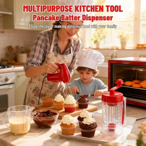 Vista 2 de Dispensador de masa para panqueques con mezclador y escala de medición, dispensador de masa de gofres para panqueques, magdalenas, muffins, crepes