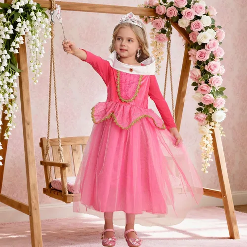 Vista 3 de Disfraz de princesa para niñas, disfraz de fiesta de Halloween con corona, vara, aretes, anillo rosa