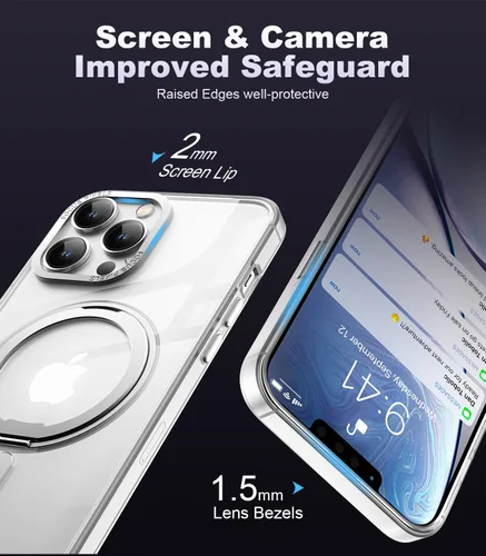 Vista 6 de IKARY Funda con anillo giratorio de 360° para iPhone 13 y iPhone 14 con soporte magnético/invisible compatible con Magsafe militar estándar contra
