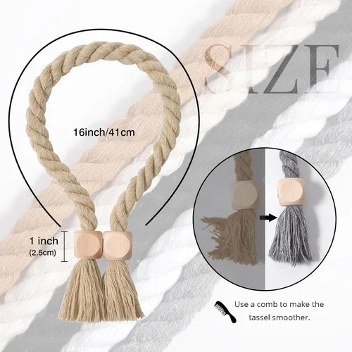 Vista 4 de NICEEC 2 Pack de alzapaños de madera con cubo magnético para cortinas, decoración bohemia para el hogar, lazos de cortina tejidos a mano de algodón