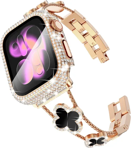 Vista 23 de Surace - Correa compatible con Apple Watch de 1.50 pulgadas para mujer, correa de metal con diamantes de imitación y circón en acero inoxidable