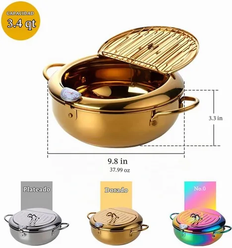 Vista 8 de Olla de acero inoxidable 304, olla tempura de 3.2L/2.8 cuartos de galón con tapa de termómetro y escurridor de aceite, olla japonesa para cocina